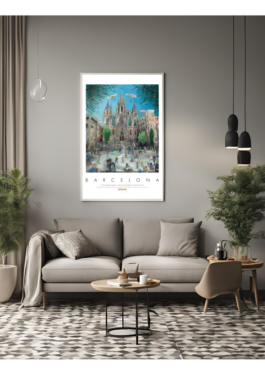 Barcelona Cathedral Square Poster – Gothic Quarter Street Scene Art Print – Relaxed City Life Painting – Spain Travel Souvenir – Catalonia Wall Décor
