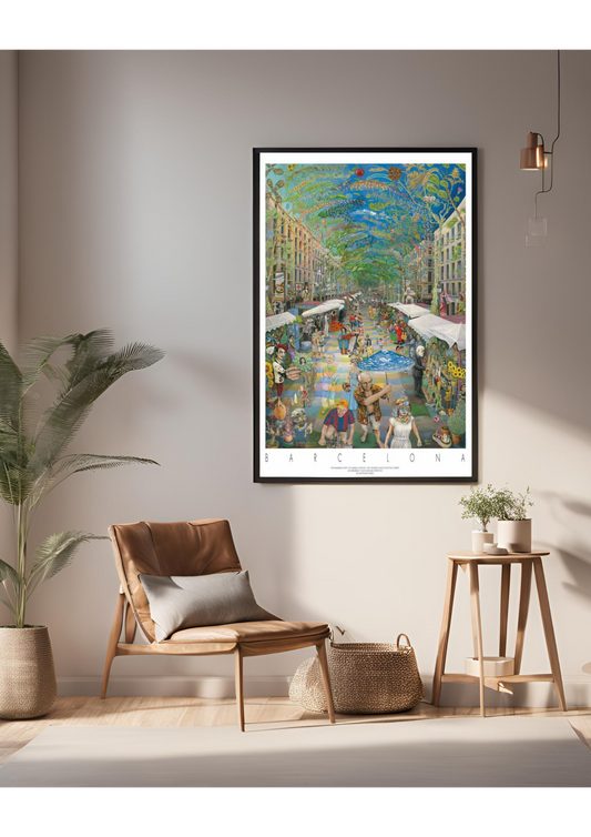 Las Ramblas Barcelona Poster – Spanish Street Scene Art Print – Cultural Icons & Tourist Life Painting – Spain Travel Souvenir – Catalonia Wall Art