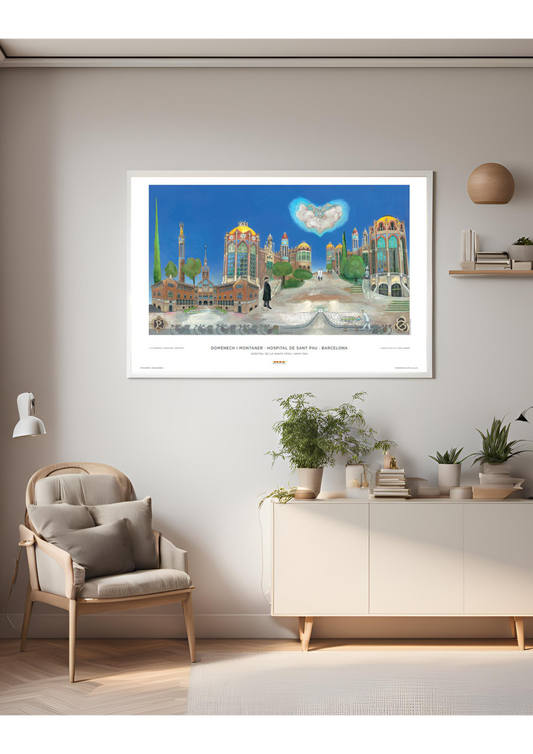 Hospital Sant Pau Poster – Barcelona Modernist Architecture Art Print – Colorful Tiled Pavilions Painting – Spain Travel Souvenir – Catalonia Wall Décor