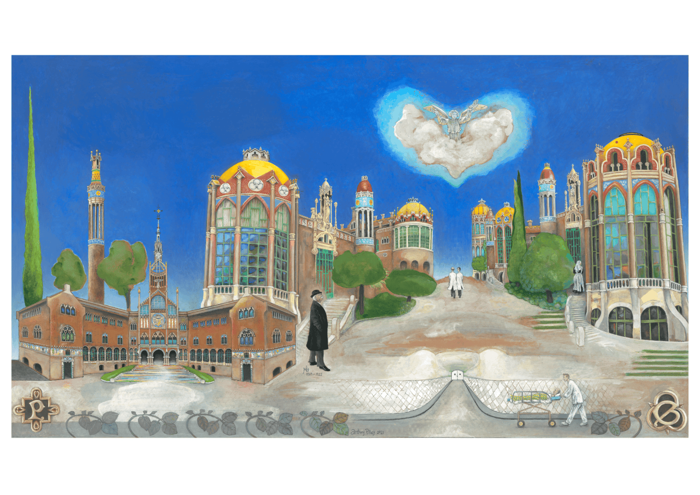 Hospital Sant Pau Poster – Barcelona Modernist Architecture Art Print – Colorful Tiled Pavilions Painting – Spain Travel Souvenir – Catalonia Wall Décor