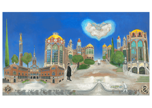 Hospital Sant Pau Poster – Barcelona Modernist Architecture Art Print – Colorful Tiled Pavilions Painting – Spain Travel Souvenir – Catalonia Wall Décor